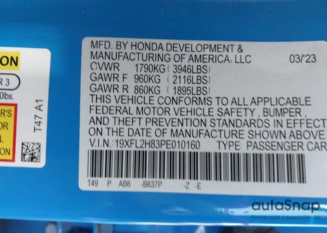 2023 Honda Civic Sport из США, поврежденный, VIN 19XFL2H83PE010160